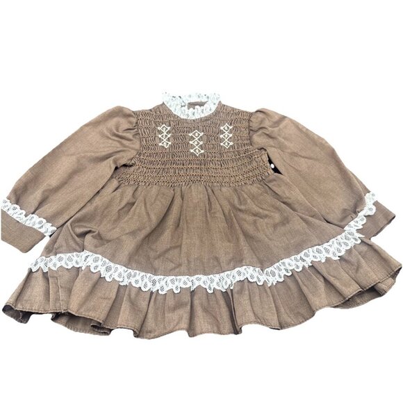 VTG Polly Flinders Brown Smocked Lace Floral Long Sleeve Button Back Dress Sz 3T - Picture 3 of 8